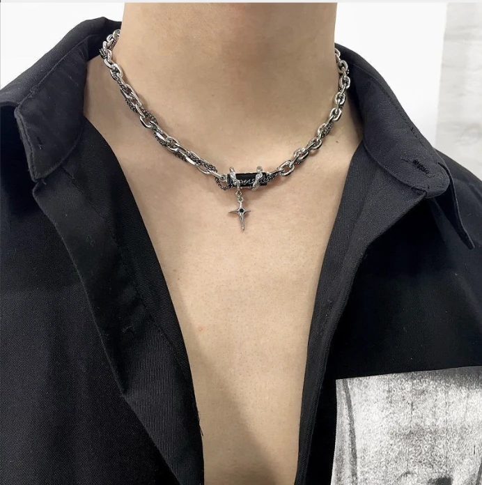 Men’s silver chain necklace with black stone bar and star pendant