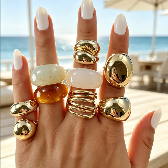 Stacked gold dome rings and stone rings on a hand