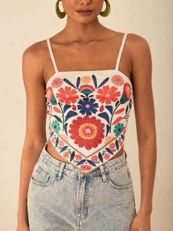 Floral embroidered-look handkerchief camisole