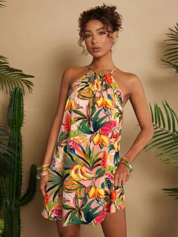Tropical-print halter-neck mini dress
