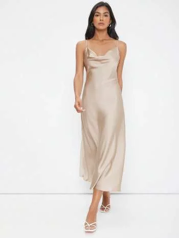 Champagne satin cowl-neck slip dress