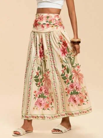 Cream maxi skirt with pink floral border print