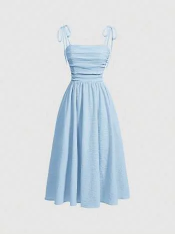 Light-blue tie-strap ruched midi dress
