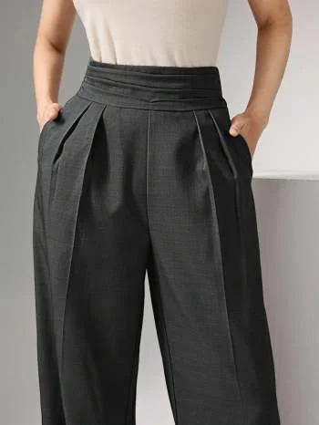 Charcoal high-waist pleated wide-leg trousers